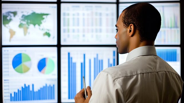 Businessman Analyzes Data Wall Charts