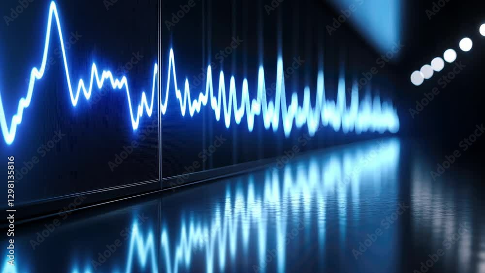 Poster glowing blue sound waves create mesmerizing audio visualization effect on reflective surface