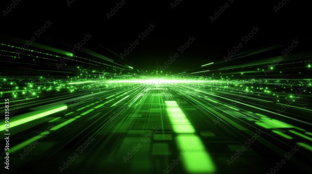 Poster abstract digital network with bright green light trails and connected data points. futuristic techno