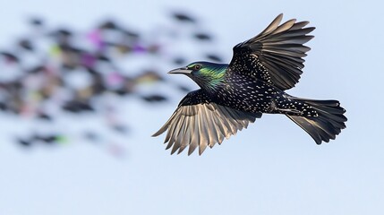 Obraz premium European Starling mid flight its iridescent black feathers shimmering with hints of green and purple a murmuration of starlings forming patterns in the sky behind it
