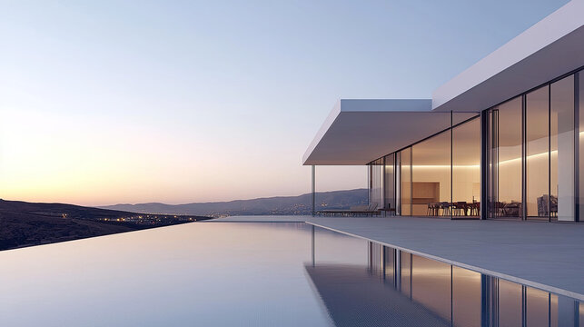 Modern house with infinity pool at sunset