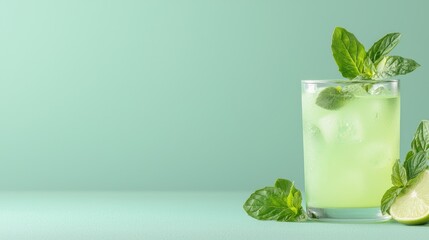 Refreshing lime mint drink, summer beverage, light green background, ice cubes