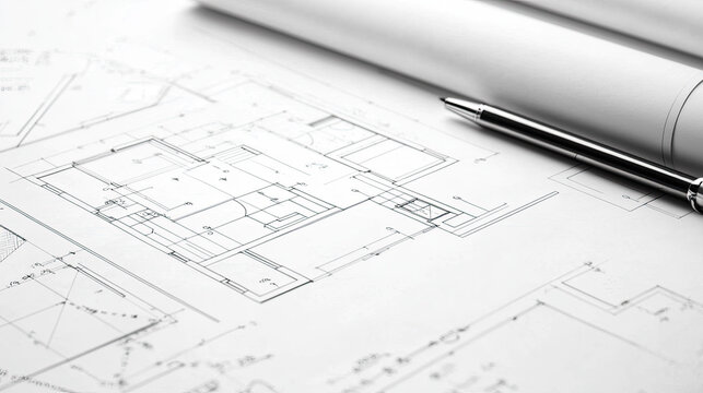 Architectural blueprint with pen on desk