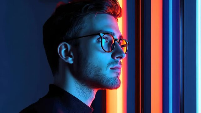 Thoughtful individual gazes at glowing neon lights, reflecting inner conflict and uncertainty