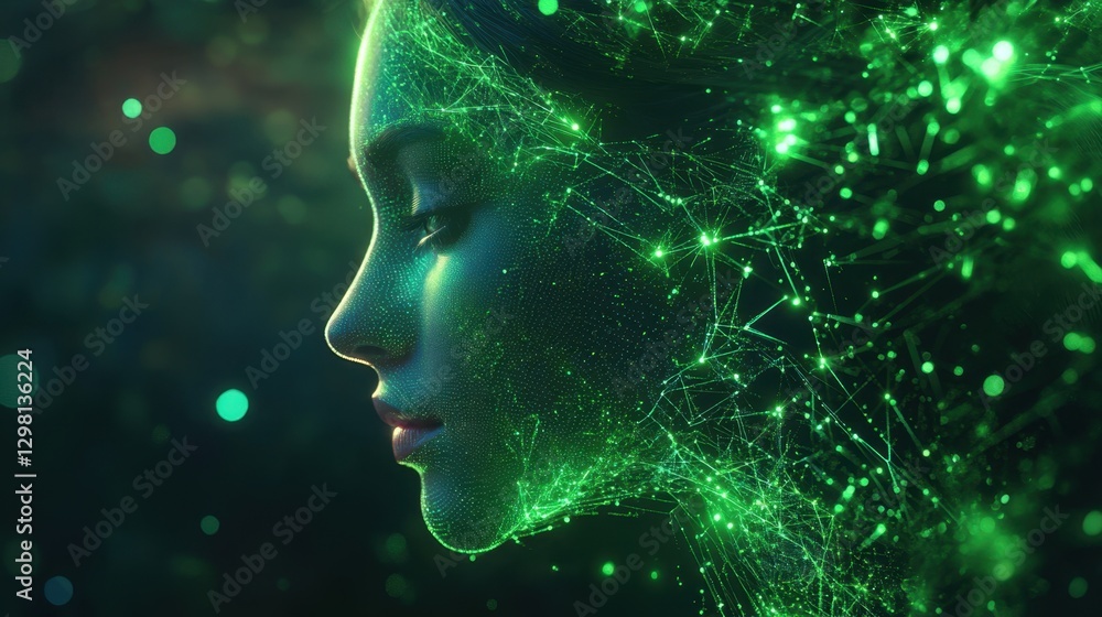 Poster abstract digital network with bright green light trails and connected data points. futuristic techno