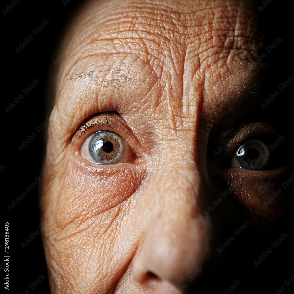Poster close up of an elderly womans wrinkled face with wide expressive eyes staring intently into the came