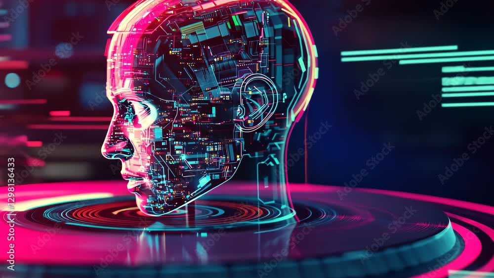 Poster cyborg head with artificial intelligence displaying futuristic technology on rotating platform, robo
