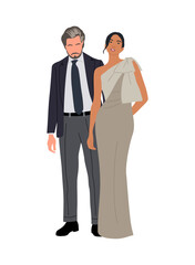 Beautiful couple wearing evening formal outfit for celebration, wedding, event, party. Happy senior man and woman in gorgeous clothes vector realistic illustration isolated