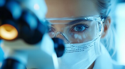 Close-up of a scientist wearing protective gear, intensely observing through a microscope in a laboratory setting.
