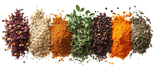 Dried ground herbs and spices arranged in colorful spectrum, showcasing various textures and colors, perfect for seasoning dishes and enhancing flavors