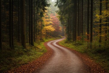 Obraz premium Winding path through vibrant autumn forest creates serene, encha