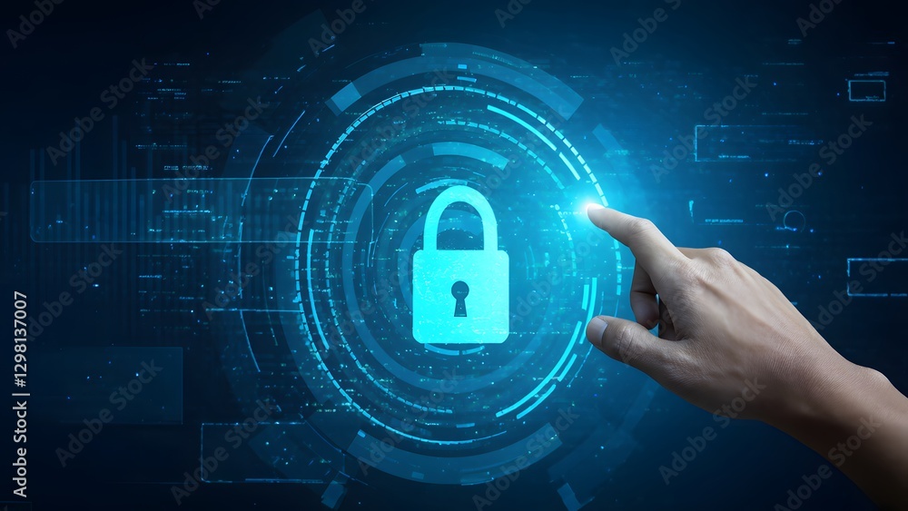 Poster hand interacting with a digital lock symbol on a futuristic interface representing cybersecurity con