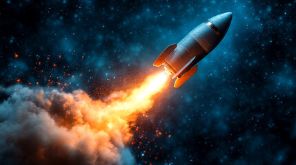 Naklejka premium An innovative lightbulb and a cute 3D rocket launch on a soft blank background symbolize creativity, progress, and new ideas. A futuristic representation of modern thinking and technological advancem