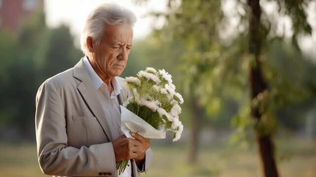 Sad elderly widower holding a bouquet of white flowers, expressing grief and sorrow in a peaceful park setting