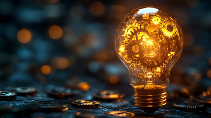 A glowing light bulb with golden gears inside symbolizes innovation and creative problem-solving, representing modern technological solutions and industrial design in a blank, minimalist setting