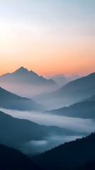 Serene Mountain Landscape at Sunrise with Mist and Warm Colors