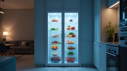 Ai Fridge. Modern glass door refrigerator with colorful fresh fruits and vegetables inside, open door showing organized food storage, kitchen interior for home cooking, cozy evening lighting, contemp