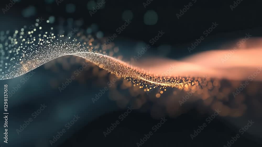 Poster fluid waveforms undulate gracefully, blending colors and particles in harmony
