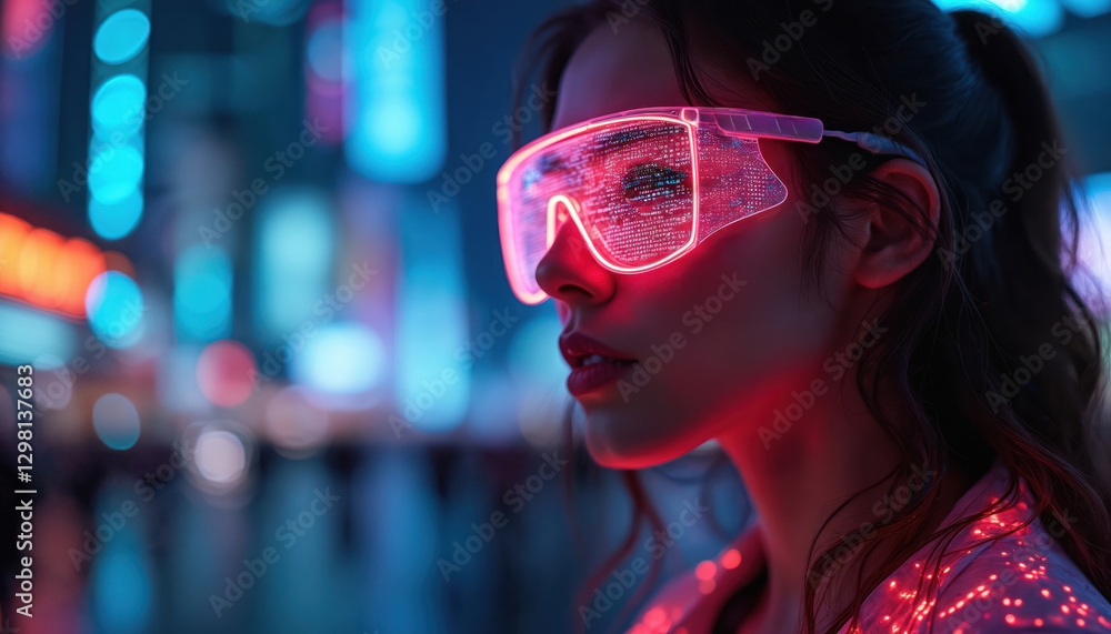 Aufkleber Side view of woman in futuristic VR glasses immersed in digital technology at night event. Integration of human, artificial intelligence. Modern tech innovation, virtual cyberspace concept. Neon
