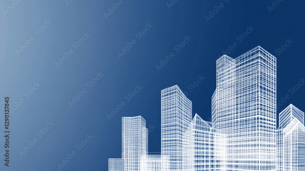 Poster futuristic architectural blueprint rendering of a smart city skyline with transparent high rise buil