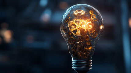 A glowing light bulb with golden gears inside symbolizes innovation and creative problem-solving, representing modern technological solutions and industrial design in a blank, minimalist setting