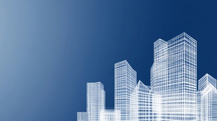Fototapeta premium Futuristic architectural blueprint rendering of a smart city skyline with transparent high rise buildings and a deep blue gradient background