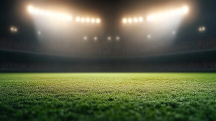 Illuminated soccer stadium at night with bright floodlights casting dramatic shadows over the lush green field in a high energy sports atmosphere