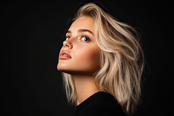 Fototapeta premium Portrait of a young blonde woman with confident expression against a dark background highlighting her elegant features and modern beauty