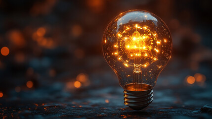 A glowing light bulb with golden gears inside symbolizes innovation and creative problem-solving, representing modern technological solutions and industrial design in a blank, minimalist setting