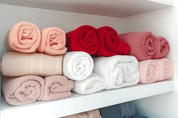 Neatly rolled pastel blankets organized on a shelf, home organization and storage concept