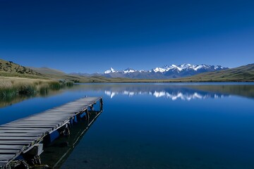A serene alpine lake with a wooden pier extending into the still water under a clear blue sky