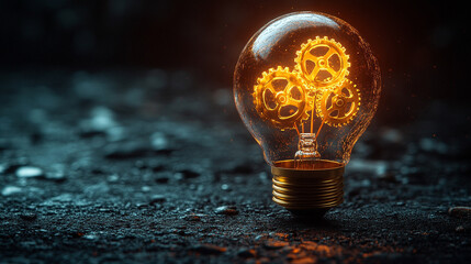 A glowing light bulb with golden gears inside symbolizes innovation and creative problem-solving, representing modern technological solutions and industrial design in a blank, minimalist setting