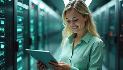 Blonde woman smiles using tablet in server room. Modern tech engineer in green shirt. Information network expert, data analytics at work. Cloud computing, digital technologies, cyber security concept.