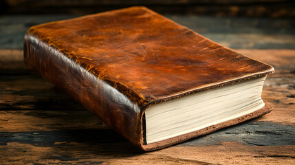 Obraz premium Antique leather-bound book rests on aged wood