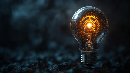A glowing light bulb with golden gears inside symbolizes innovation and creative problem-solving, representing modern technological solutions and industrial design in a blank, minimalist setting