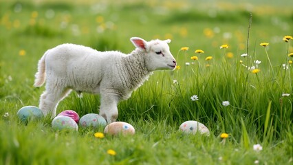 Obraz premium Baby Lamb Standing in a Lush Green Meadow with Easter Eggs Nearby perfect for Easter promotions, nature-themed designs, and seasonal advertising.