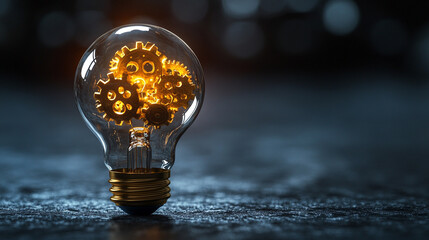 A glowing light bulb with golden gears inside symbolizes innovation and creative problem-solving, representing modern technological solutions and industrial design in a blank, minimalist setting