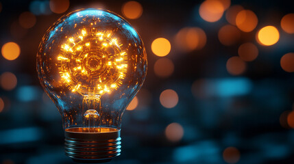 A glowing light bulb with golden gears inside symbolizes innovation and creative problem-solving, representing modern technological solutions and industrial design in a blank, minimalist setting