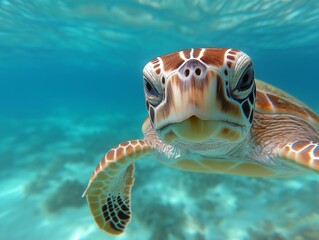 Fototapeta premium Close-up of a turtle swimming in clear blue water, symbolizing ocean conservation