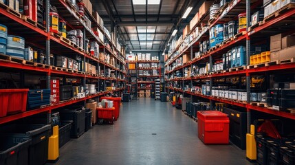 Full warehouse shot of organized inventory on shelves.