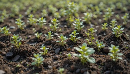  De petites plantes vertes sortant des souches d'arbres dans un sol riche et sombre.