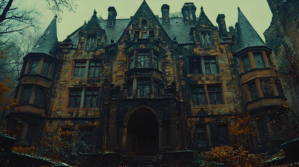Fototapeta premium Autumnal Decay Abandoned Stone Mansion in Woods