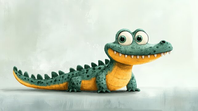 A vividly colored crocodile with emerald-green scales, accented by sunny-yellow highlights and scattered black spots. Large, expressive eyes peer from beneath a menacing grin, ready to leap into actio