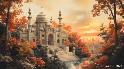 Obraz premium Autumnal Mosque Sunset, Forest Landscape