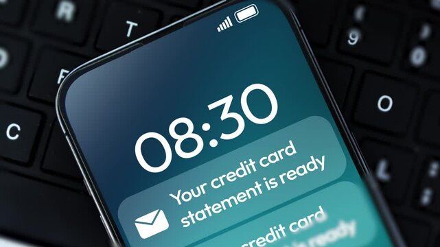 Credit Card statement notification appearing on the smartphone screen, 4k footage. Statement of credit card is ready concept, banking, digital, online banking
