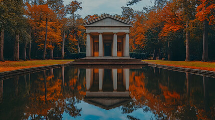 Obraz premium Autumnal temple reflection in park pond