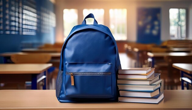 Navy Blue School Backpack with Books on the Table in Blured Class Room Background. Back to School Concept. Banner with Copy Space.