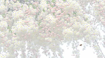 Bee pollinating delicate pink & white blossoms cascading from tree branches
