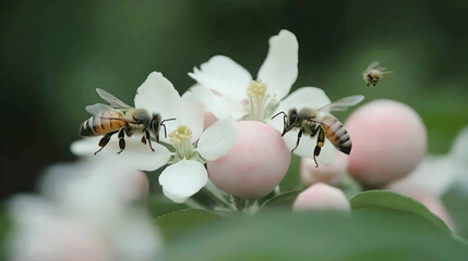 Bees pollinating apple blossoms in orchard garden
