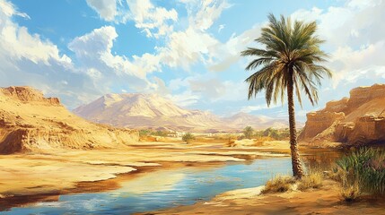 palm tree in the desert with an oasis on hot summer day
